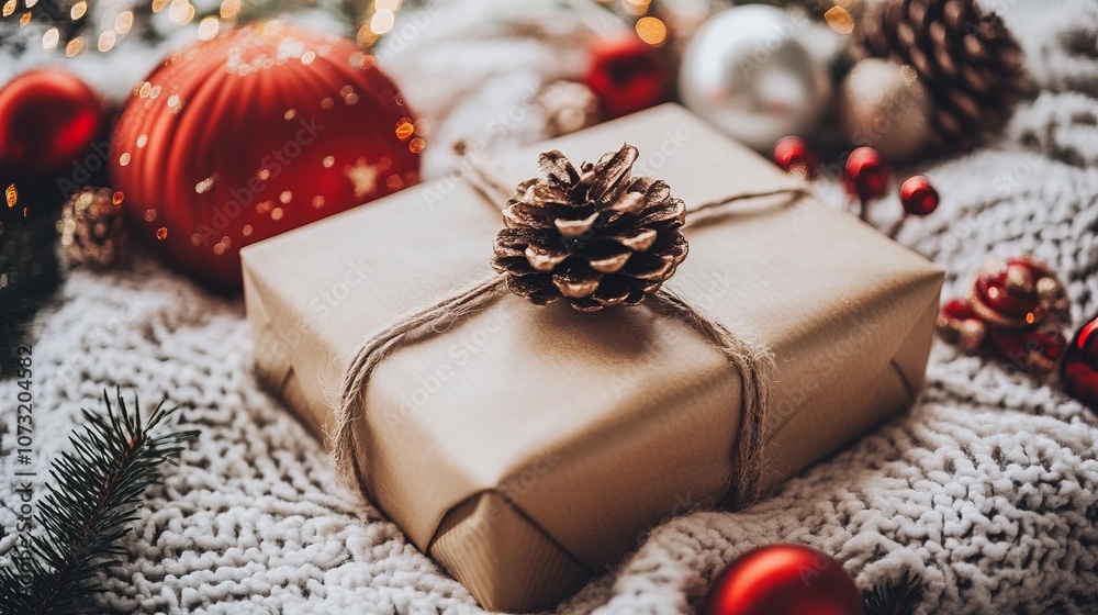 A rustic gift wrapped in brown paper, adorned with a natural pine cone, evoking a cozy, earthy holiday feel. A rustic gift wrapped in brown paper, adorned with a natural pine cone, evoking a cozy, earthy holiday feel.