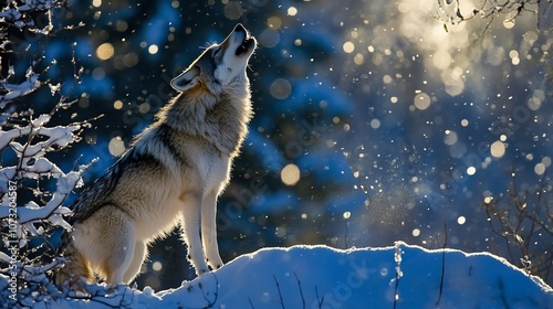 A lone wolf howls in a snowy forest. photo