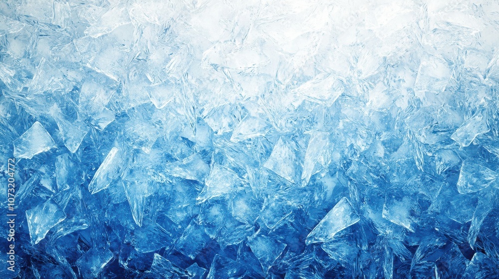 Close-up of shimmering ice cubes in shades of blue, creating a cool and refreshing visual texture.