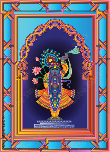 Shrinathji, Jagannath, or Lord Krishna with cows, in Indian folk painting Pichwai style	
