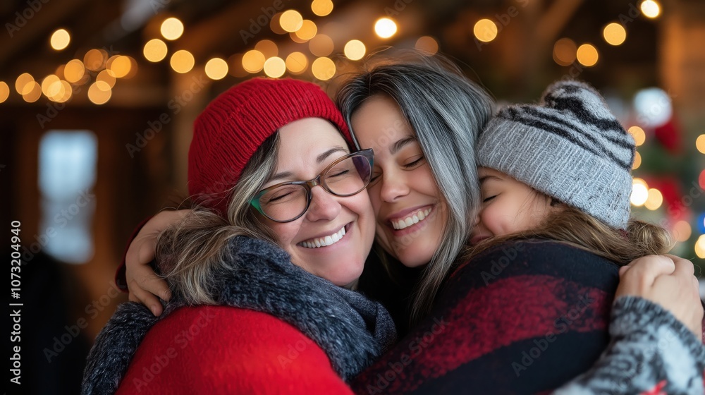 Three generations embrace in a heartwarming moment of joy and togetherness during the holiday season Three generations embrace in a heartwarming moment of joy and togetherness during the holiday season