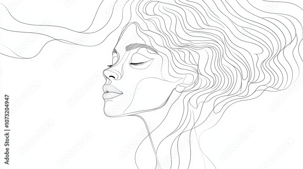 Delicate line art portrait of a woman with wavy hair, soft facial features, on a plain white backdrop Delicate line art portrait of a woman with wavy hair, soft facial features, on a plain white backdrop