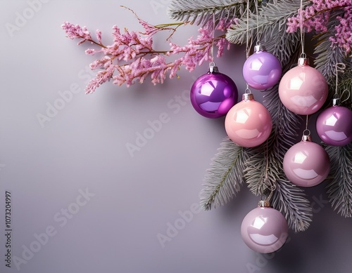 Hanging glass Christmas balls and pine branches on a neutral gray background with copy space photo