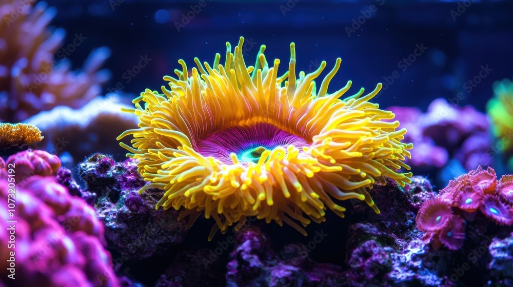 A vibrant yellow anemone with long, colorful tentacles in a coral reef setting, showcasing the beauty of marine life. A vibrant yellow anemone with long, colorful tentacles in a coral reef setting, showcasing the beauty of marine life.