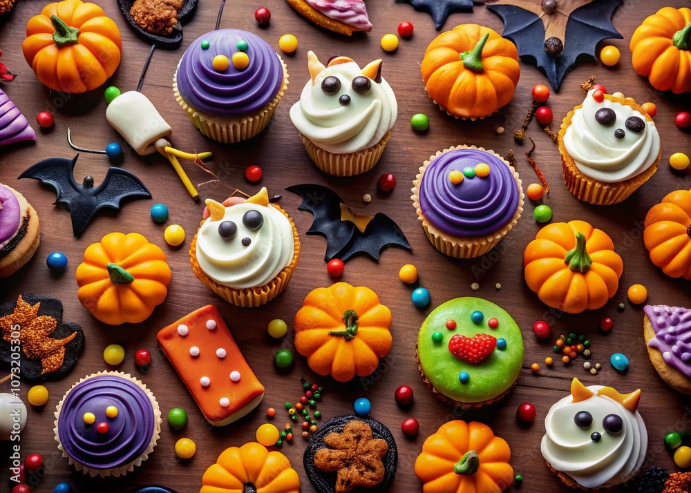 Fototapeta premium Whimsical Halloween Food Photography Featuring Cute Ghosts, Bats, and Spiders Pattern on Spooky Treats and Desserts for a Festive Celebration