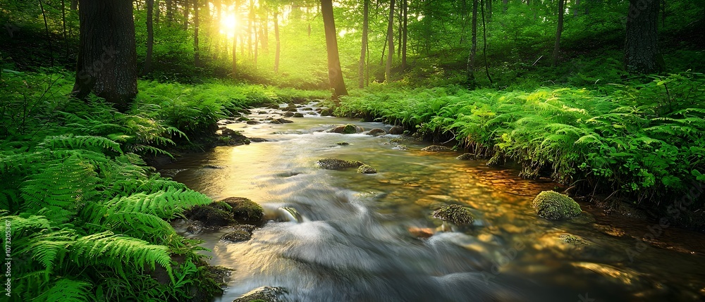 Obraz premium Bright Spring Forest Stream under Morning Sunlight