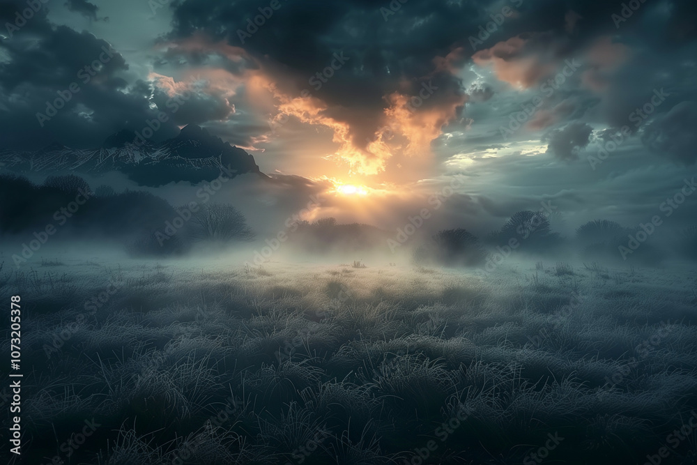 Naklejka premium Mystical Sunrise Over Frosted Fields and Misty Mountains with Dramatic Clouds in a Twilight Atmosphere, Capturing Nature’s Majestic Serenity and Beauty