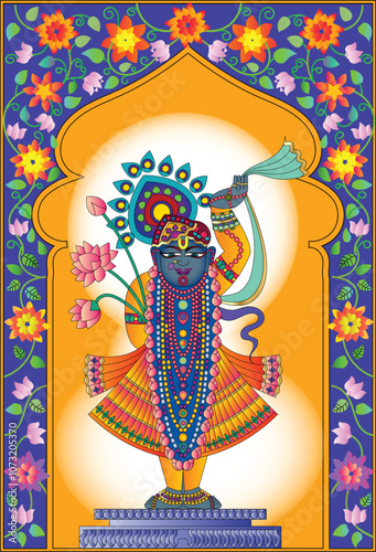 Shrinathji, Jagannath, or Lord Krishna with cows, in Indian folk painting Pichwai style	
