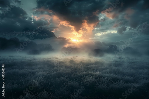 Mystical Sunrise Over Frosted Fields and Misty Mountains with Dramatic Clouds in a Twilight Atmosphere, Capturing Nature’s Majestic Serenity and Beauty