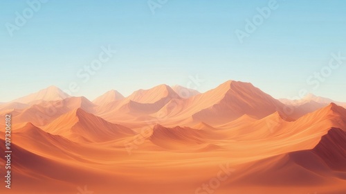 Breathtaking desert landscape with rolling dunes and majestic mountains under a clear sky.