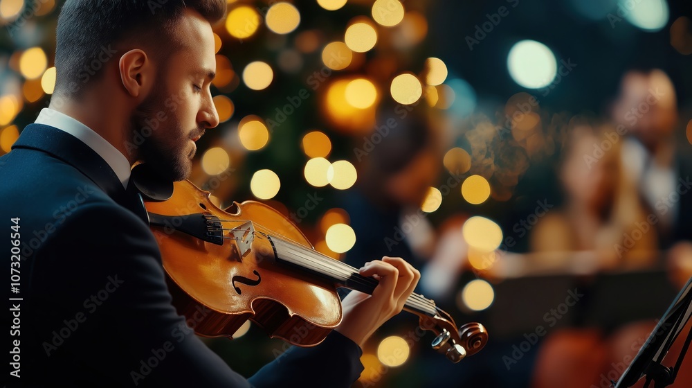 Fototapeta premium Musician captivates audience with enchanting violin performance amidst holiday lights