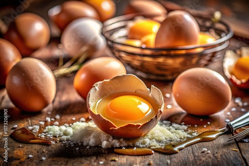 Close-up Image of Broken Eggs with Yolk and Egg White for Cooking, Baking, and Nutrition-Based Visuals, Showcasing the Freshness and Versatility of Eggs in Culinary Arts