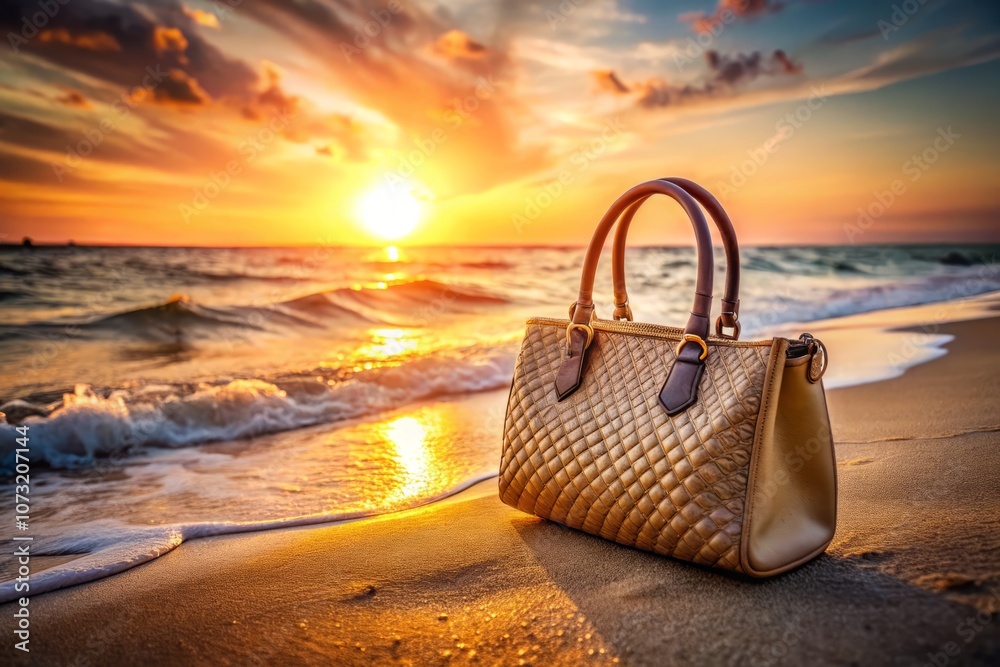 Close-Up of a Luxury Handbag Resting on a Beach During Sunset with Long Exposure Effects Highlighting Texture and Movement of Sand and Waves Close-Up of a Luxury Handbag Resting on a Beach During Sunset with Long Exposure Effects Highlighting Texture and Movement of Sand and Waves