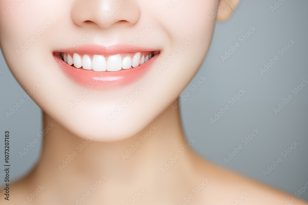 close-up of smiling woman with perfect white teeth on neutral background close-up of smiling woman with perfect white teeth on neutral background