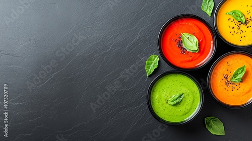 Assortment of Colorful Soups with Basil on Black Surface