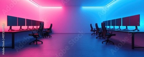 Neon Gaming Room with Computers and Chairs
