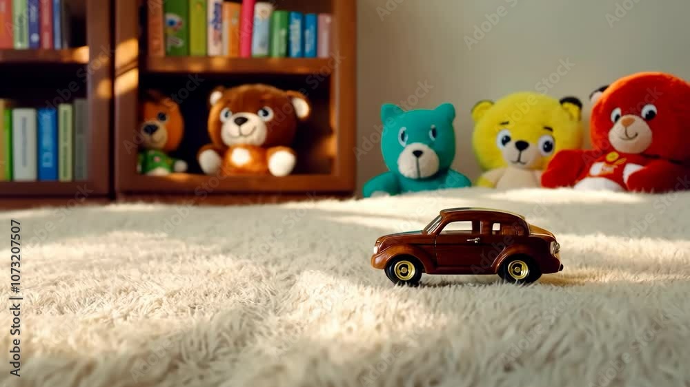Toy car journeys across cozy carpet in sunlit nursery room Toy car journeys across cozy carpet in sunlit nursery room