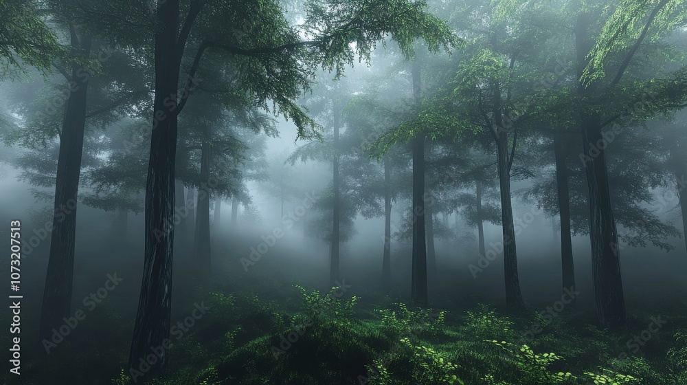 A serene forest shrouded in mist, showcasing tall trees and lush greenery, evoking a tranquil and mysterious atmosphere. A serene forest shrouded in mist, showcasing tall trees and lush greenery, evoking a tranquil and mysterious atmosphere.