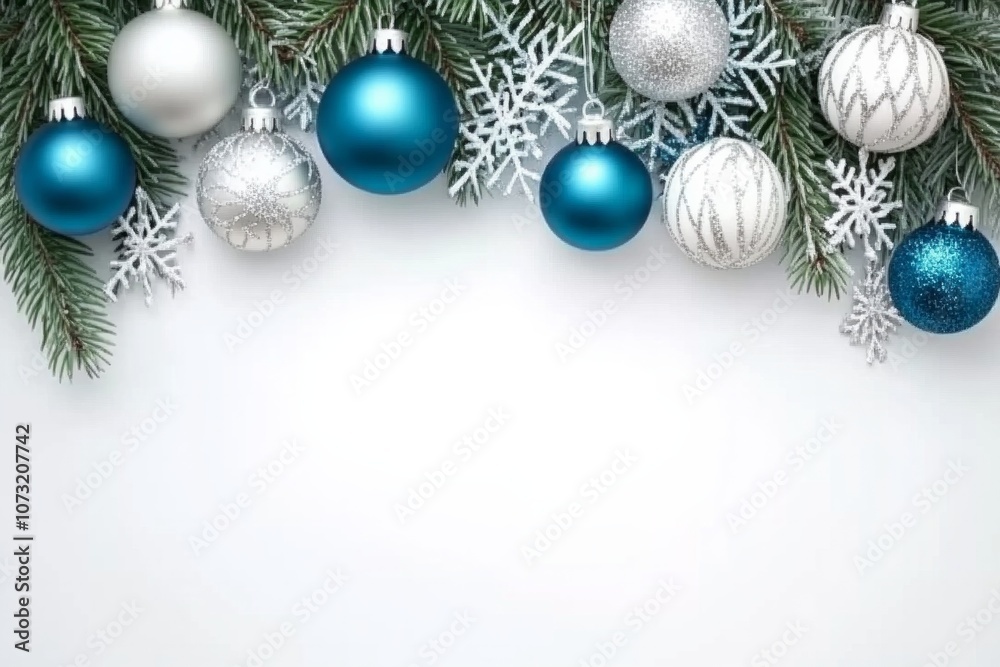 Delicate Christmas frame adorned with silver and blue ornaments and frosty pine branches on a soft blue backdrop Delicate Christmas frame adorned with silver and blue ornaments and frosty pine branches on a soft blue backdrop