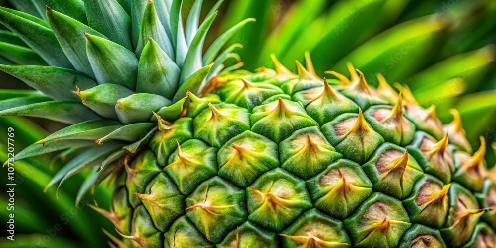 Closeup of a Fresh Pineapple with Vibrant Green Leaves and Textured Skin, Capturing the Juicy Flesh and Natural Patterns in Macro Photography for Culinary and Tropical Themes Closeup of a Fresh Pineapple with Vibrant Green Leaves and Textured Skin, Capturing the Juicy Flesh and Natural Patterns in Macro Photography for Culinary and Tropical Themes