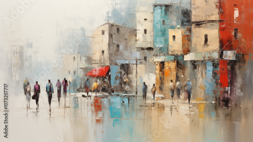 abstract painting in the city with shopping people house street color watercolor art design