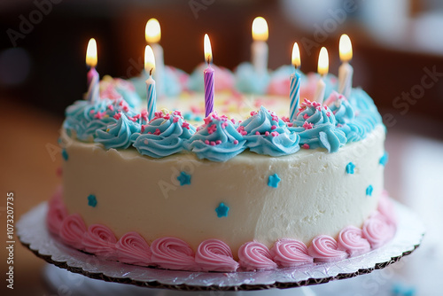 Celebration Cake Topped with Sprinkles and Twenty-One Birthday Candles