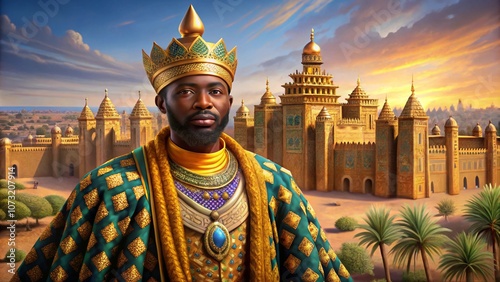 A historically accurate depiction of Mansa Musa in West African regal attire, adorned in gold and jewels, with a grand Mali Empire palace in the background photo