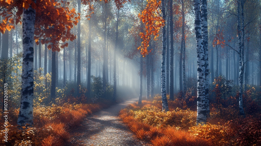 A serene autumn forest path illuminated by soft sunlight, showcasing vibrant orange and golden foliage. A serene autumn forest path illuminated by soft sunlight, showcasing vibrant orange and golden foliage.