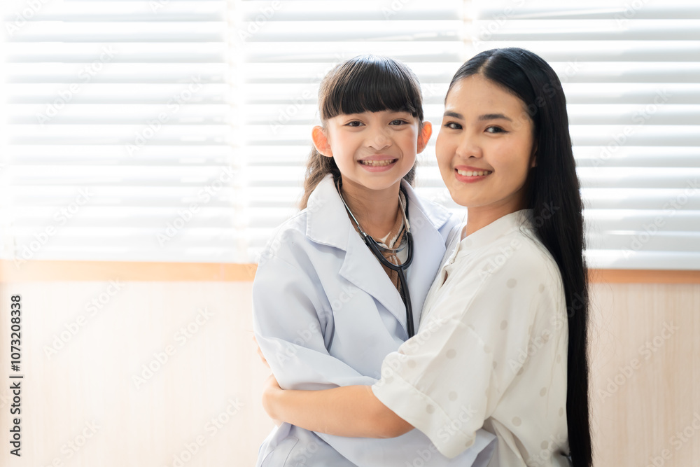 Asian female encourages future doctor occupation for daughter touching shoulder smiling, young adorable girl wearing white coat uniform and stethoscope looking mother, education back to school concept Asian female encourages future doctor occupation for daughter touching shoulder smiling, young adorable girl wearing white coat uniform and stethoscope looking mother, education back to school concept
