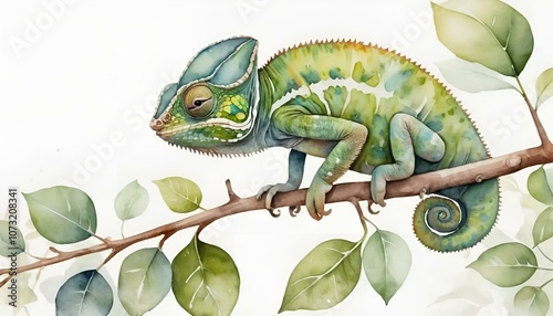 Colorful watercolor illustration of a chameleon perched on a branch surrounded by leaves
