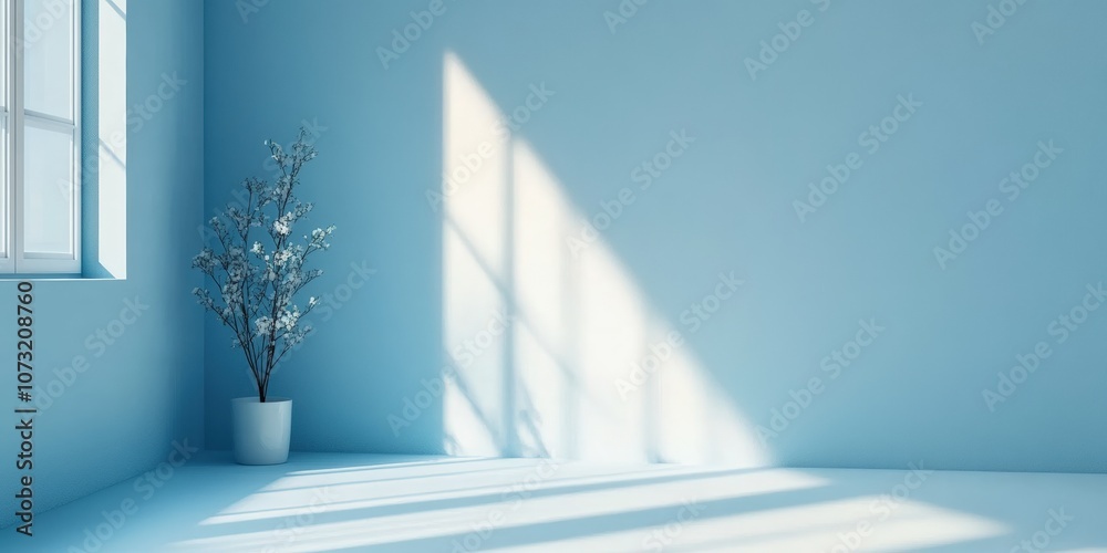 Obraz premium Soft Light Minimalist Interior with a Blue Background and Indoor Plant in a Pot Casting Shadows on the Floor