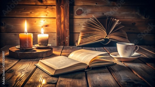 Wallpaper Mural Cozy Night Reading: Open Book, Candlelight, and Fresh Coffee on a Wooden Table in a Warm Atmosphere Torontodigital.ca