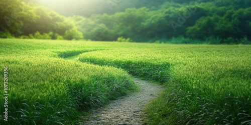 Scenic Winding Path Through Lush Green Fields with Soft Sunlight Illuminating the Nature Surrounding the Serene Landscape photo
