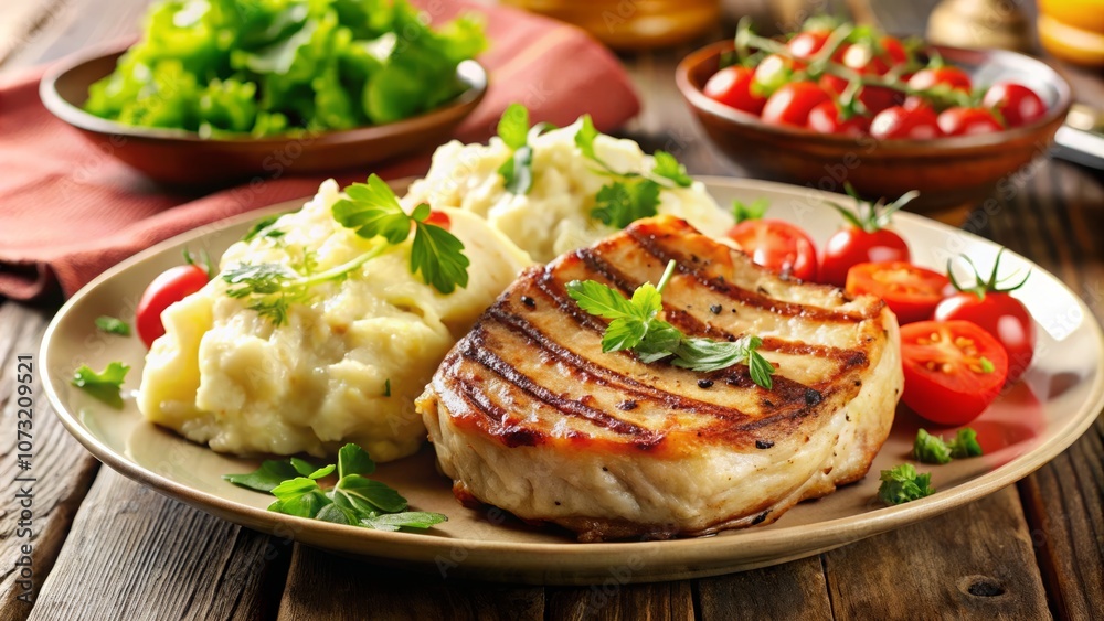 Delicious Grilled Pork Chops Served with Creamy Mashed Potatoes and a Fresh Garden Salad on a Rustic Plate, Perfect for a Gourmet Dining Experience Delicious Grilled Pork Chops Served with Creamy Mashed Potatoes and a Fresh Garden Salad on a Rustic Plate, Perfect for a Gourmet Dining Experience