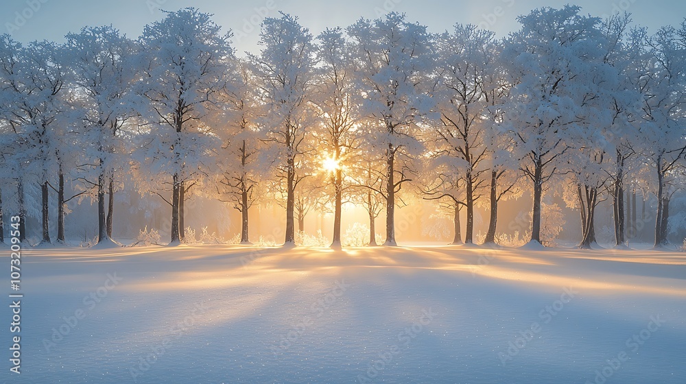 A serene winter landscape with frost-covered trees, a snowy field and a radiant sunrise. A serene winter landscape with frost-covered trees, a snowy field and a radiant sunrise.
