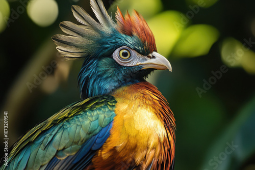 Vibrant tropical bird with colorful feathers, including blue, green, and orange hues, set against a lush green blurred background.