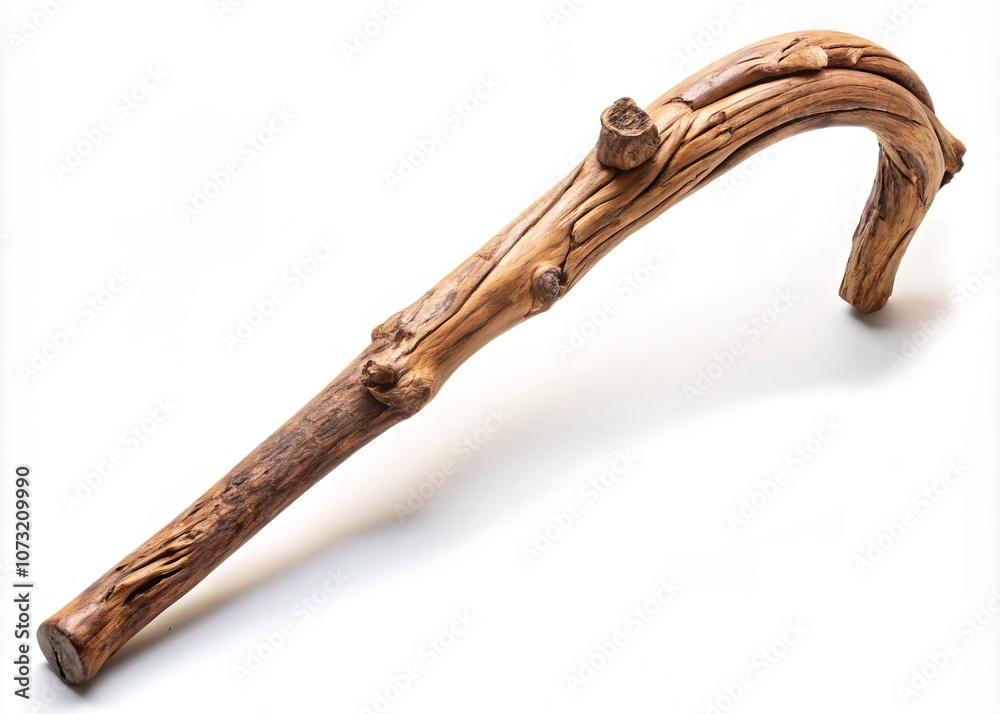 Obraz premium Driftwood Walking Stick on White Background - Unique PNG Design for Nature Lovers and Outdoor Enthusiasts, Perfect for Home Decor and Natural Lifestyle Inspirations