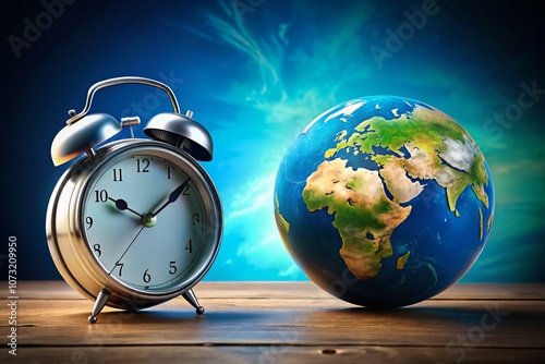 Drawing of an Alarm Clock and World Globe with Copy Space, Symbolizing Earth Hour and Time Zone Awareness for Earth Day Celebrations and Environmental Initiatives photo