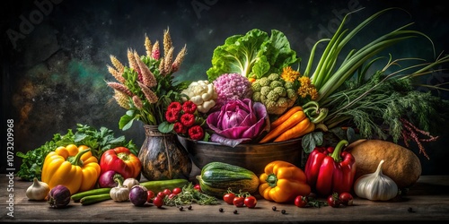 Dramatic Still Life Vegetable and Flower Arrangement on Black Background with Rule of Thirds Composition for Elegant Visual Appeal