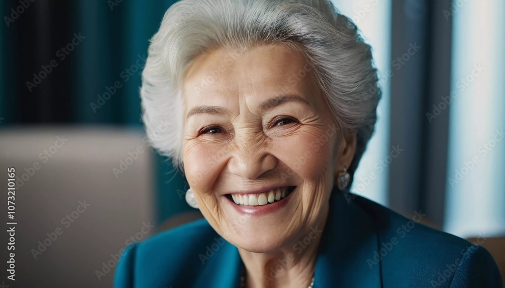 An elderly woman 75 years old beams with joy, showcasing her bright smile and sparkling eyes. The outdoor setting creating a cheerful ambiance as a background. A resident of Kazakhstan. AI generated An elderly woman 75 years old beams with joy, showcasing her bright smile and sparkling eyes. The outdoor setting creating a cheerful ambiance as a background. A resident of Kazakhstan. AI generated