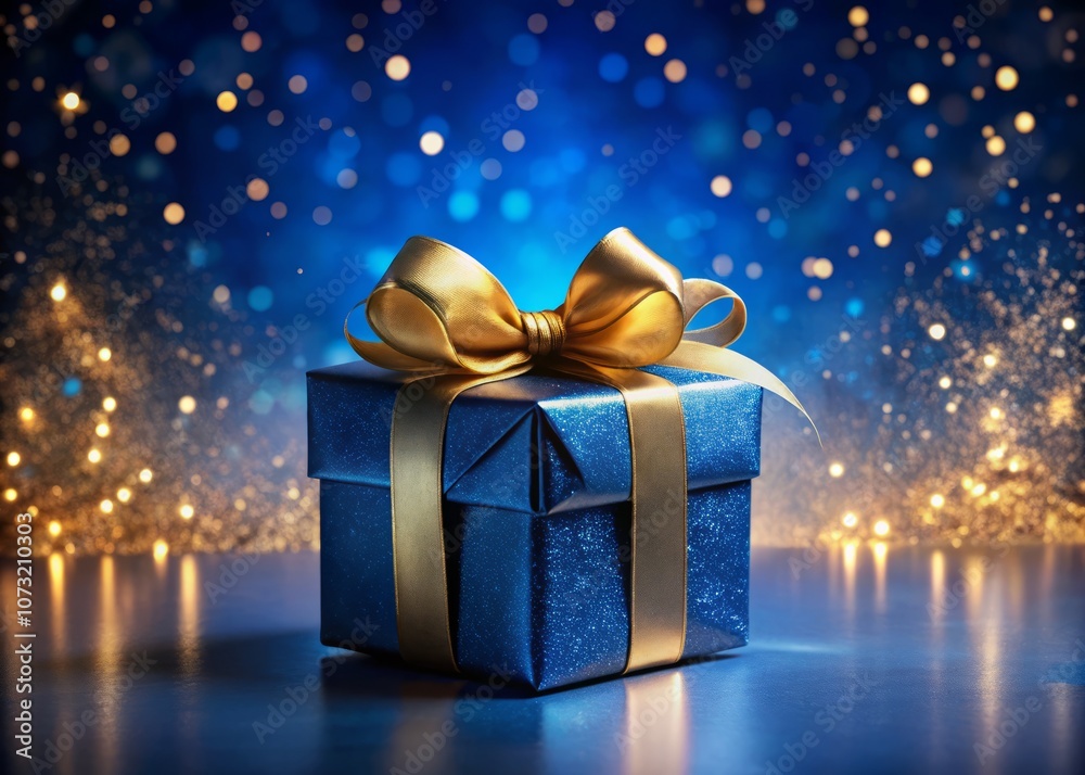 Elegant Blue Gift Box with Golden Bow on a Serene Blue Background, Perfect for Celebrations and Special Occasions, Captured in Stunning Night Photography Style Elegant Blue Gift Box with Golden Bow on a Serene Blue Background, Perfect for Celebrations and Special Occasions, Captured in Stunning Night Photography Style