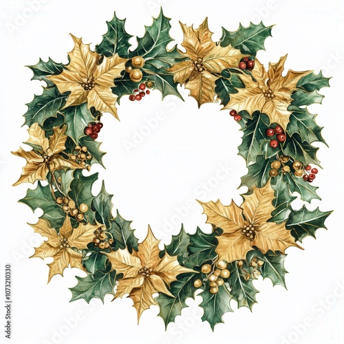 Elegant wreath adorned with golden poinsettias and vibrant holly leaves for festive decoration