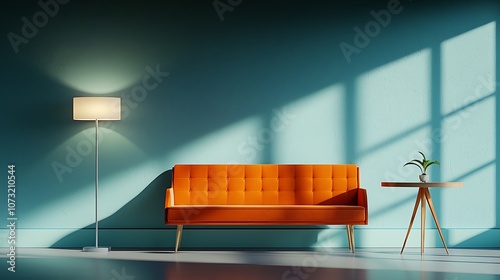 Discover the elegance of modern interior design with a stylish orange sofa and minimalist decor photo
