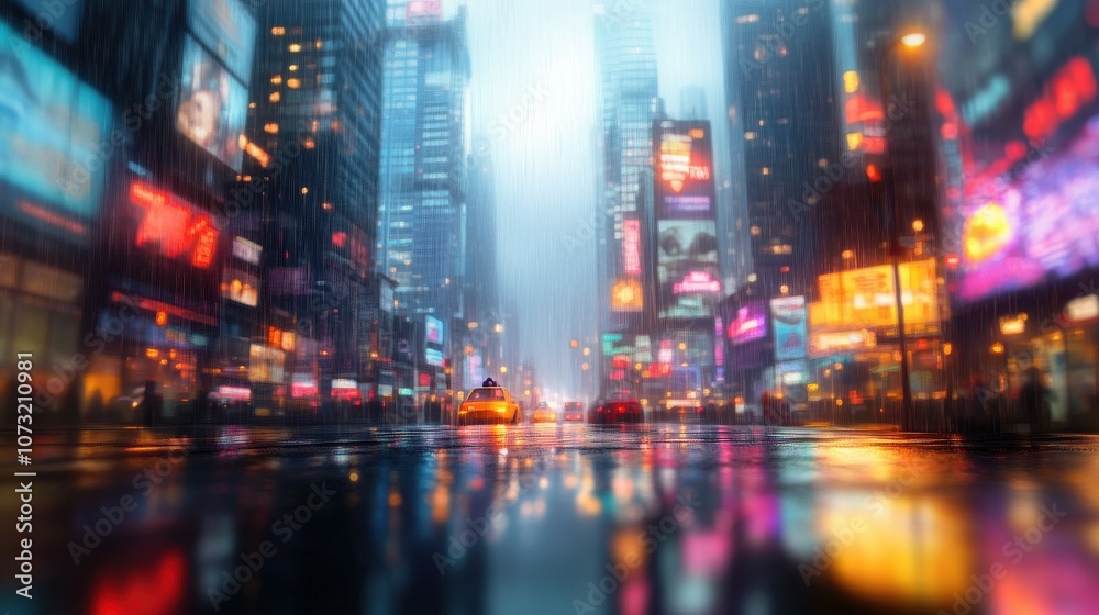 A vibrant, rainy night in a busy city, showcasing colorful neon lights and shimmering reflections on wet pavement. A vibrant, rainy night in a busy city, showcasing colorful neon lights and shimmering reflections on wet pavement.