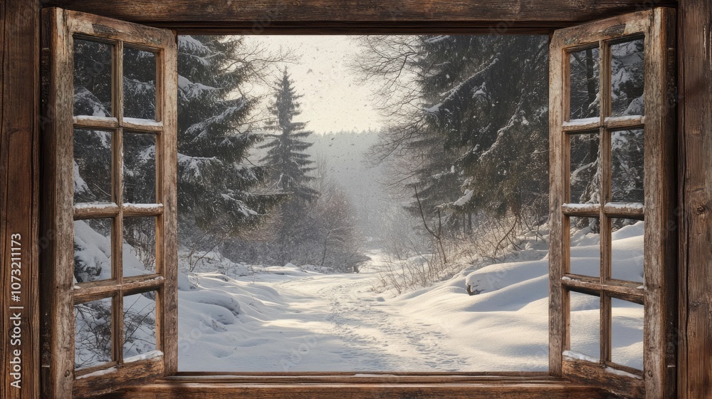 Rustic Wooden Window Frame View of Snowy Forest Path Rustic Wooden Window Frame View of Snowy Forest Path