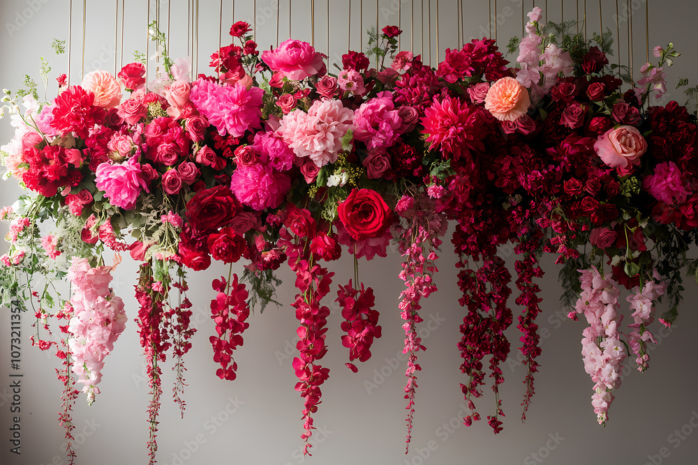 Fototapeta premium Background should be white, like in a studio, and hoops with red floral arrangements should hang from the ceiling.