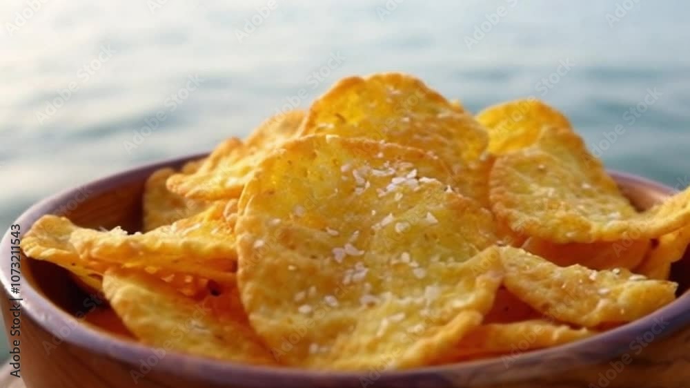 Close-Up of Golden Crispy Michigan Potato Chips with Sea Salt in Wooden Bowl, Golden Michigan Potato Chips with Sea Salt Served in Wooden Bowl with Serene Lakeshore View Close-Up of Golden Crispy Michigan Potato Chips with Sea Salt in Wooden Bowl, Golden Michigan Potato Chips with Sea Salt Served in Wooden Bowl with Serene Lakeshore View