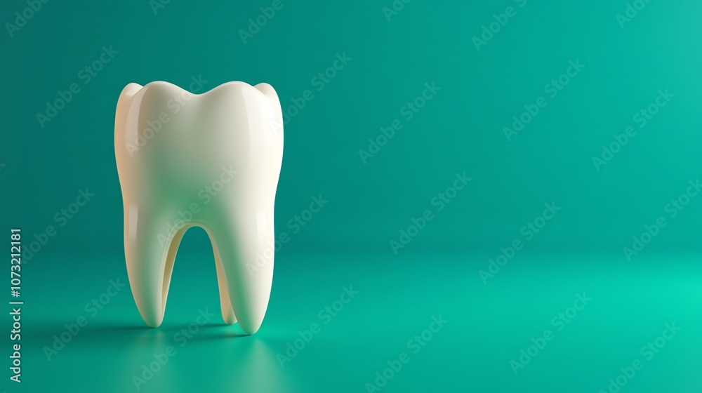 A white tooth model on a teal background. A white tooth model on a teal background.
