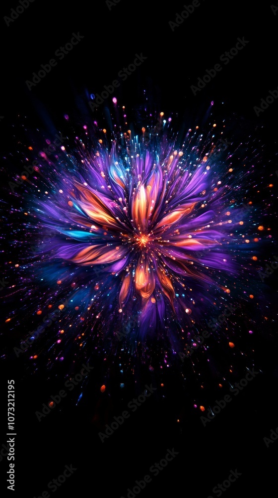 Bursting Fireworks in Radiant Purple, Blue, and Orange on Black Background for Festive Celebration Bursting Fireworks in Radiant Purple, Blue, and Orange on Black Background for Festive Celebration