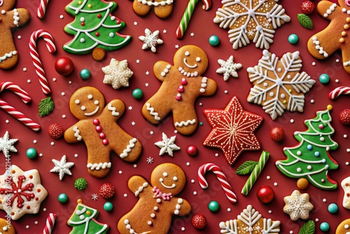 Festive Christmas Cookie Pattern with Gingerbread Men, Candy Canes, and Snowflakes on a Red Background for Wrapping Paper or Greeting Cards